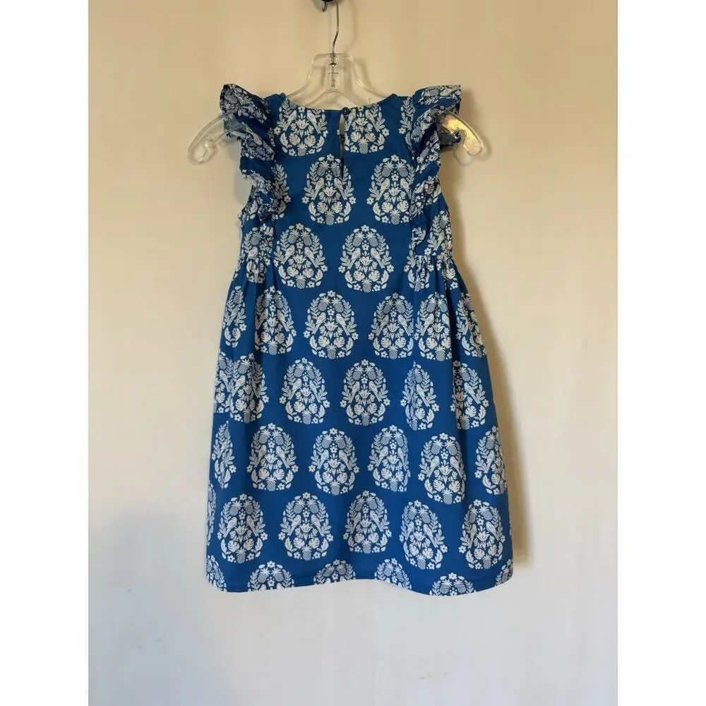 Mini Boden 9 10 Y Blue Floral Aline Cotton Sleeveless Ruffles Pockets